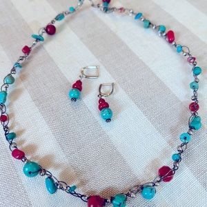 Turquoise & red necklace & earring set